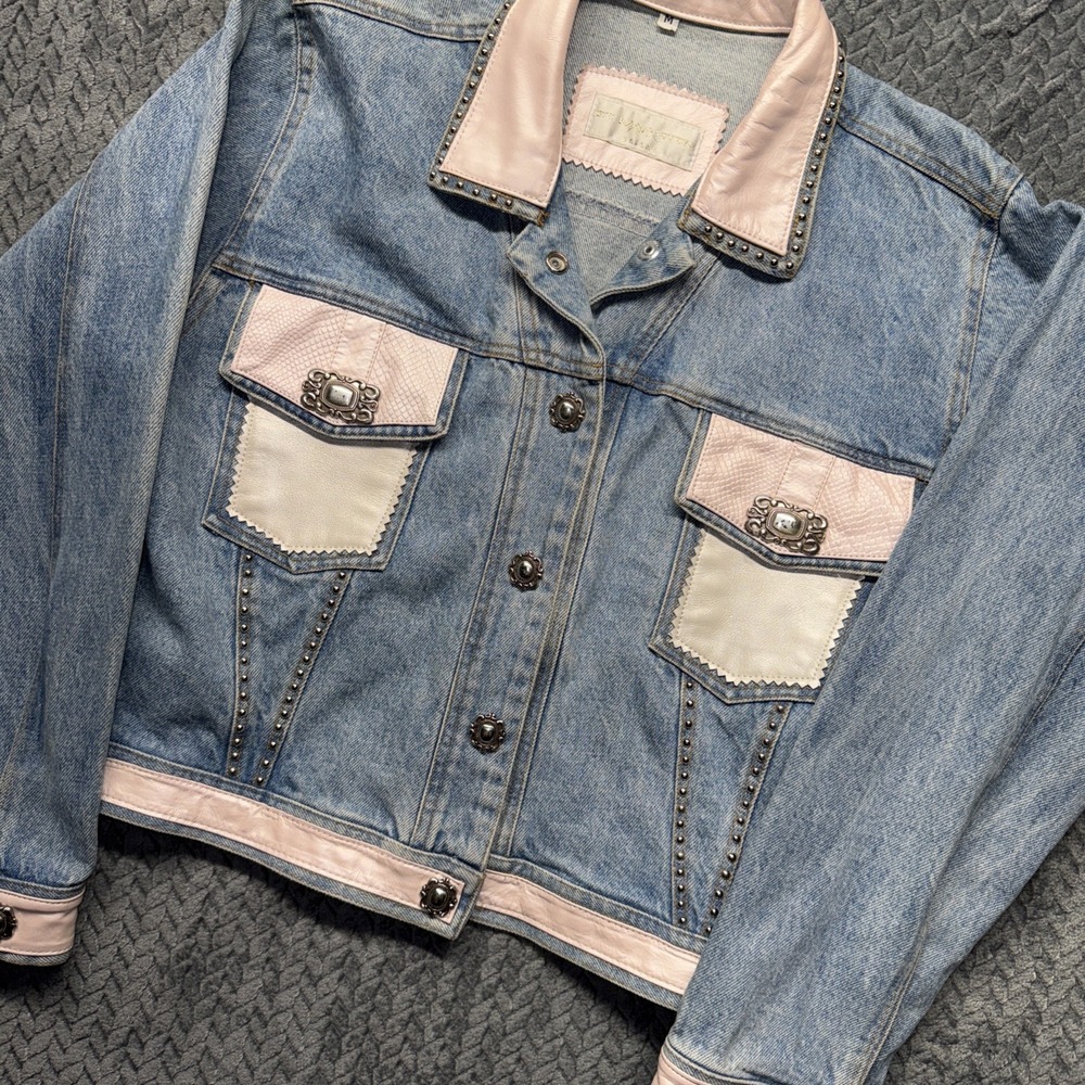 VTG St Maarten Dallas Denim Jacket Pink Faux Leather Trim Studded Western Glam M